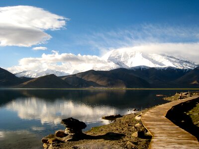 reflection of mountain on Karakul lake
