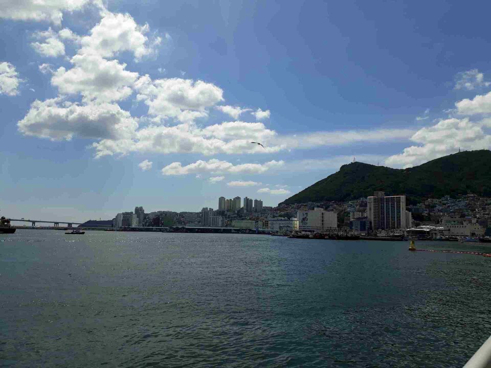 Ocean view with blue sky outside Jagalchi Market, Busan