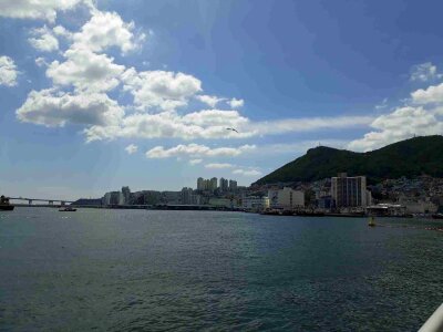 Ocean view with blue sky outside Jagalchi Market, Busan