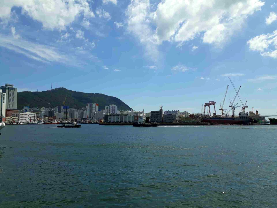 Ocean view with blue sky outside Jagalchi Market, Busan