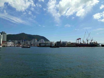 Ocean view with blue sky outside Jagalchi Market, Busan