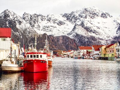 Winter in Olenilsoya in Reine, Lofoten Islands, Norway.