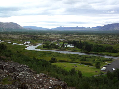 Scenic view of famous Thingvellir with white church, Iceland photo