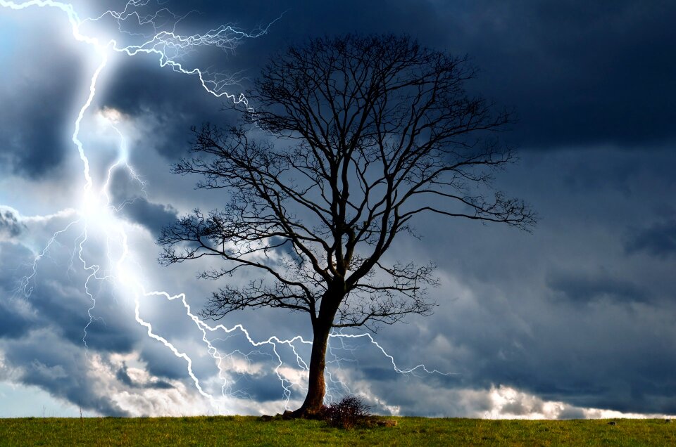 Thunderstorm with lightning in green meadow