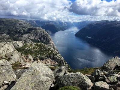 People on rocks harsh Norway, Trolltunga photo