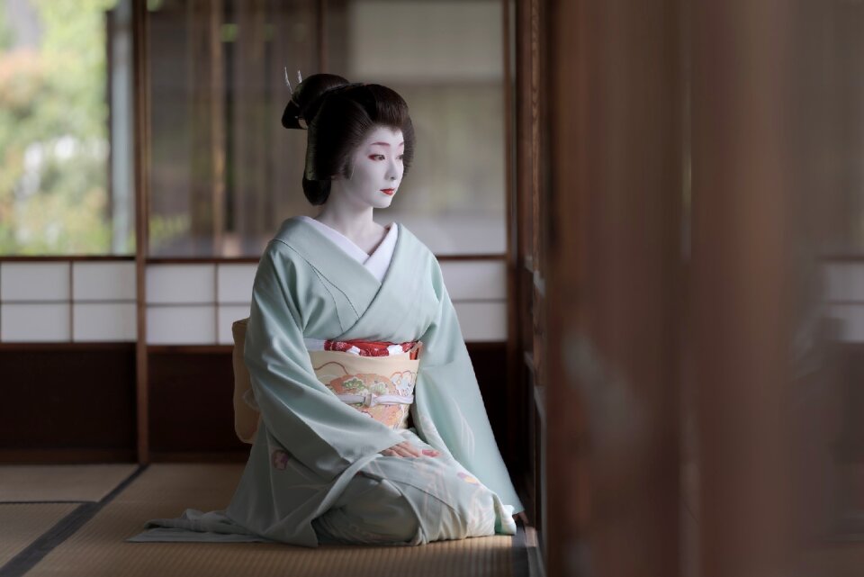 Unidentified Maiko girl Geiko lady on parade of hanagasa