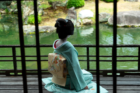 Unidentified Maiko girl Geiko lady on parade of hanagasa