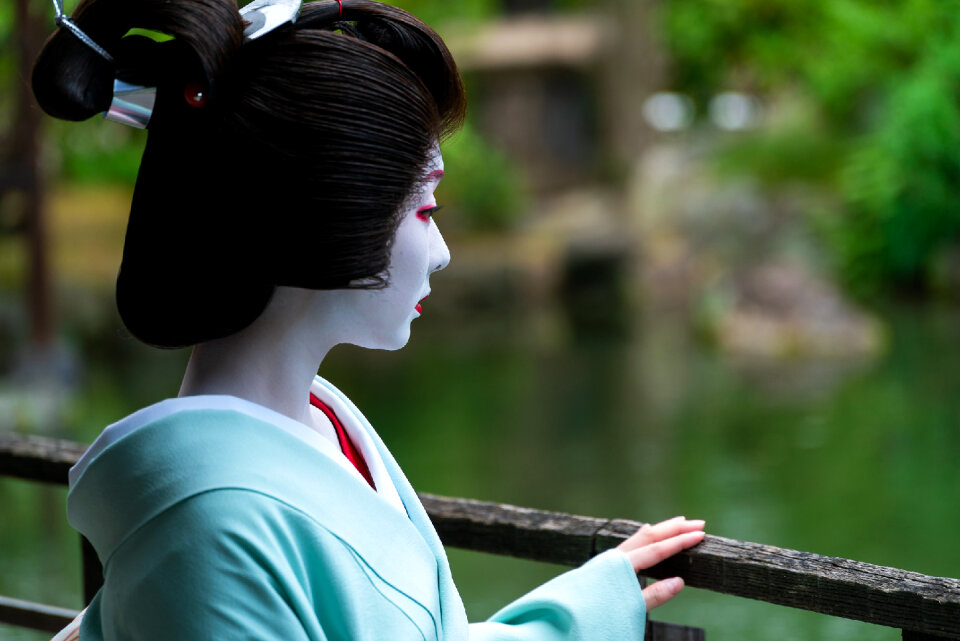 Unidentified Maiko girl Geiko lady on parade of hanagasa
