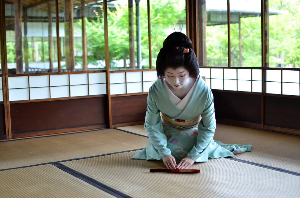 Unidentified Maiko girl Geiko lady on parade of hanagasa