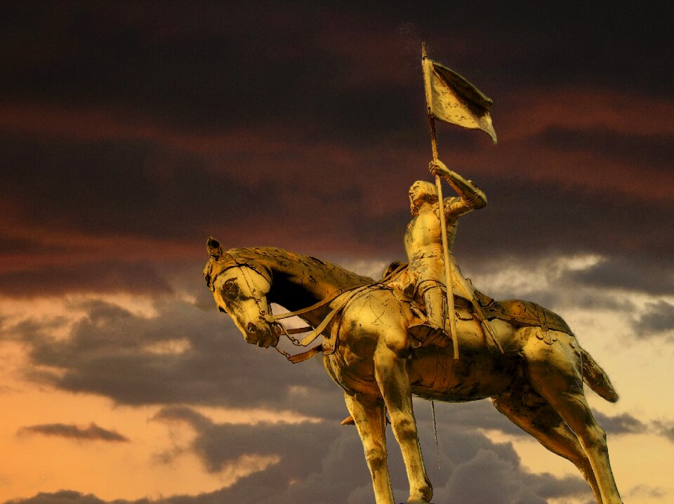 Bronze statue of Joan of Arc on Rue de Rivoli in Paris.
