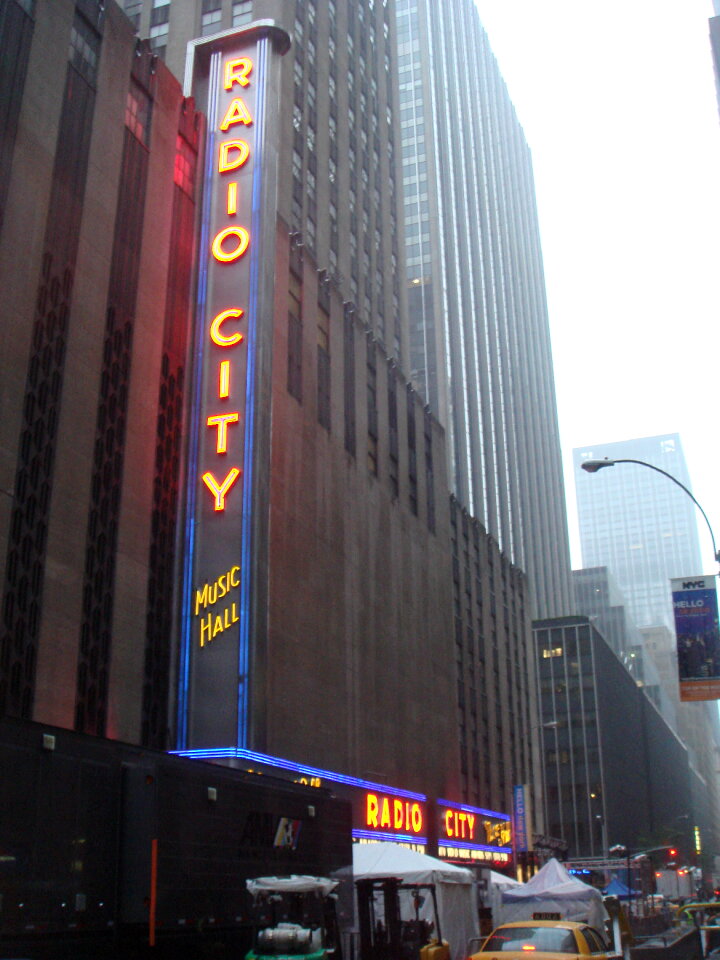 Neon lights of Radio City Music Hall at Rockefeller Center, New Y