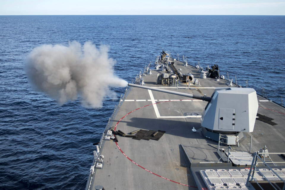 The guided-missile destroyer fires