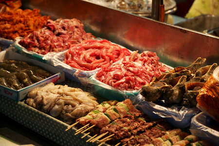 Food at a night market in Myeong-dong, Seoul, Korea