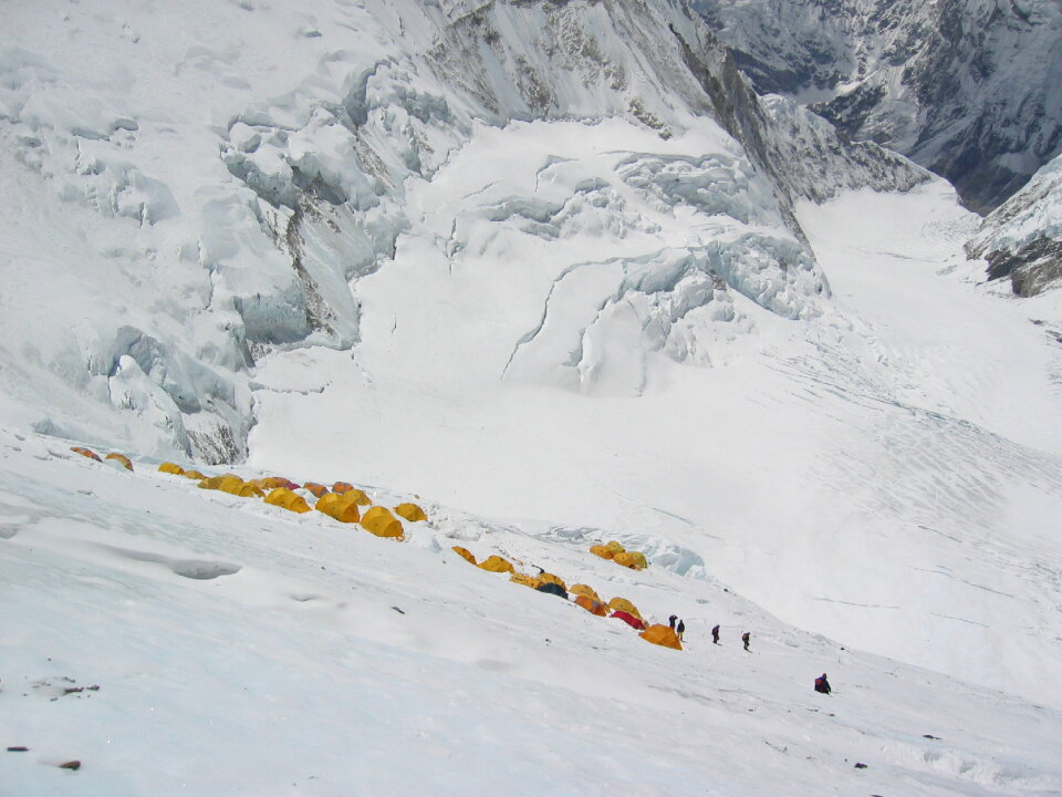 Camping of climbers above clouds in the Himalayas, Nepal, Everest