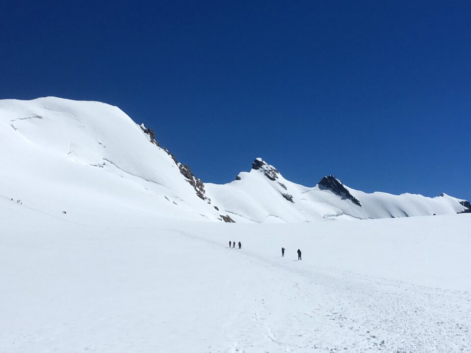 hikers team in the mountains. Matterhorn. Swiss Alps photo