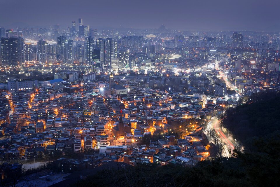 Seoul city at night with han river, Seoul, South korea
