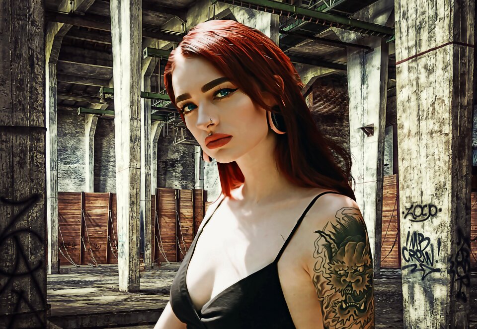 Beautiful tattooed woman with red lipstick