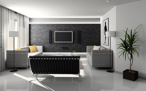 Tranquil modern grey living room interior with comfortable corner photo