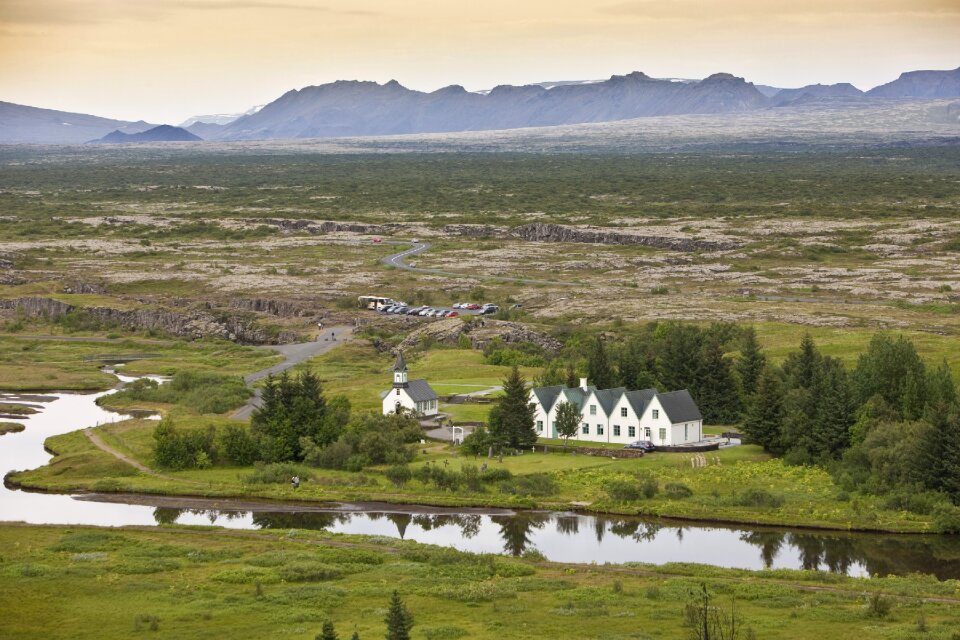 Typical Rural Icelandic church, cemetery and houses