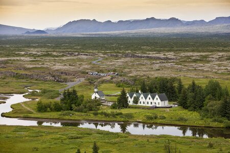 Typical Rural Icelandic church, cemetery and houses