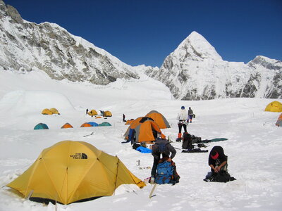 Camping of climbers above clouds in the Himalayas, Nepal, Everest photo