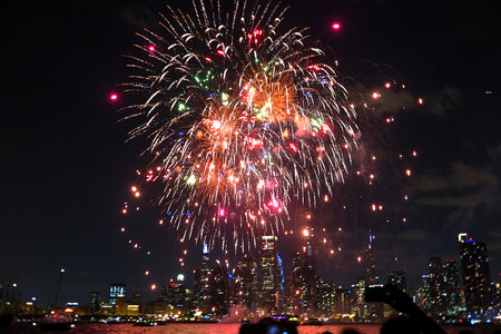 View of Chicago downtown and Navy Pier with grand fireworks