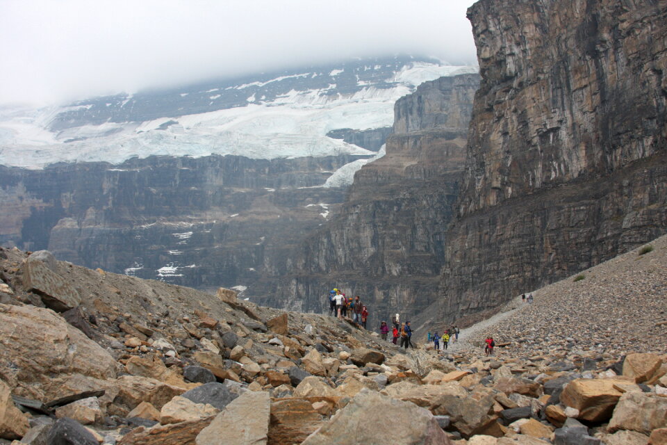 A group of hikers near Moraine Lake in Banff National Park