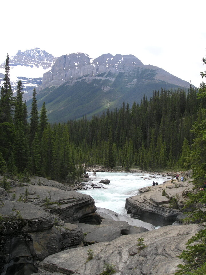 Athabaska river Rocky mountains landscape.Jasper National Park
