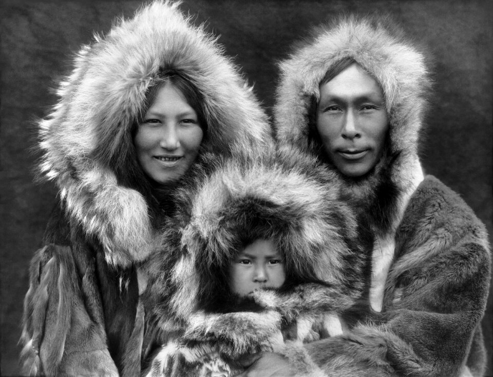 Eskimo mother, father, and son in Noatak, Alaska