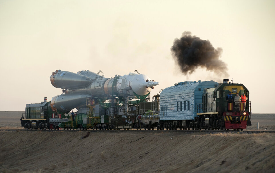 The Soyuz rocket is rolled out to the launch pad
