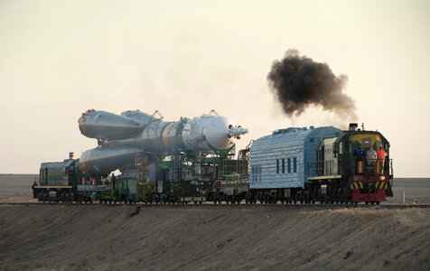 The Soyuz rocket is rolled out to the launch pad