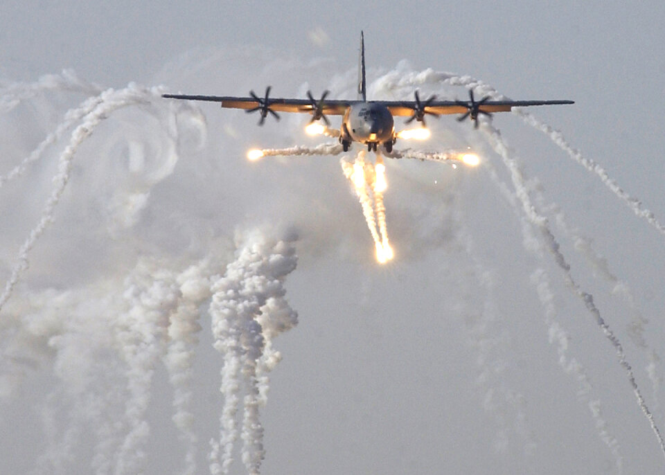 A British C-130J Hercules aircraft launches