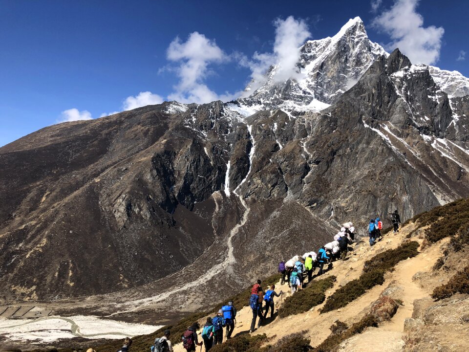 Group of trekkers on the way to Everest Himalaya
