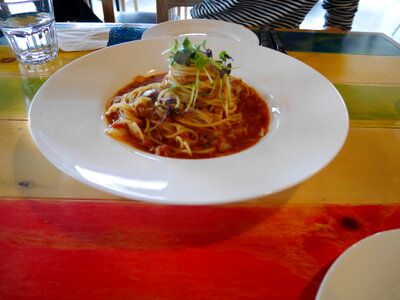 pasta, steak