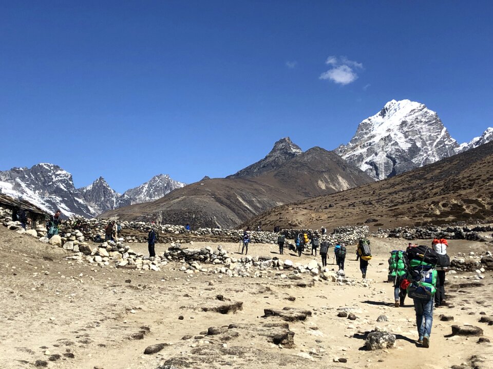 Group of trekkers on the way to Everest Himalaya