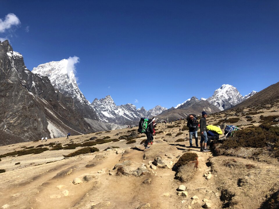Group of trekkers on the way to Everest Himalaya