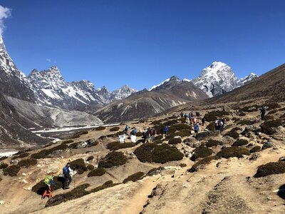 Group of trekkers on the way to Everest Himalaya