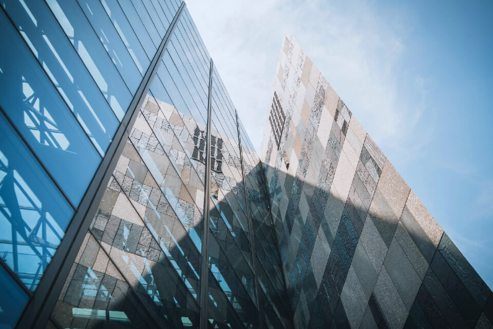 glass office buildings in wide angle view