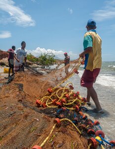 A group of fishermen catching fish at sunset with the net photo