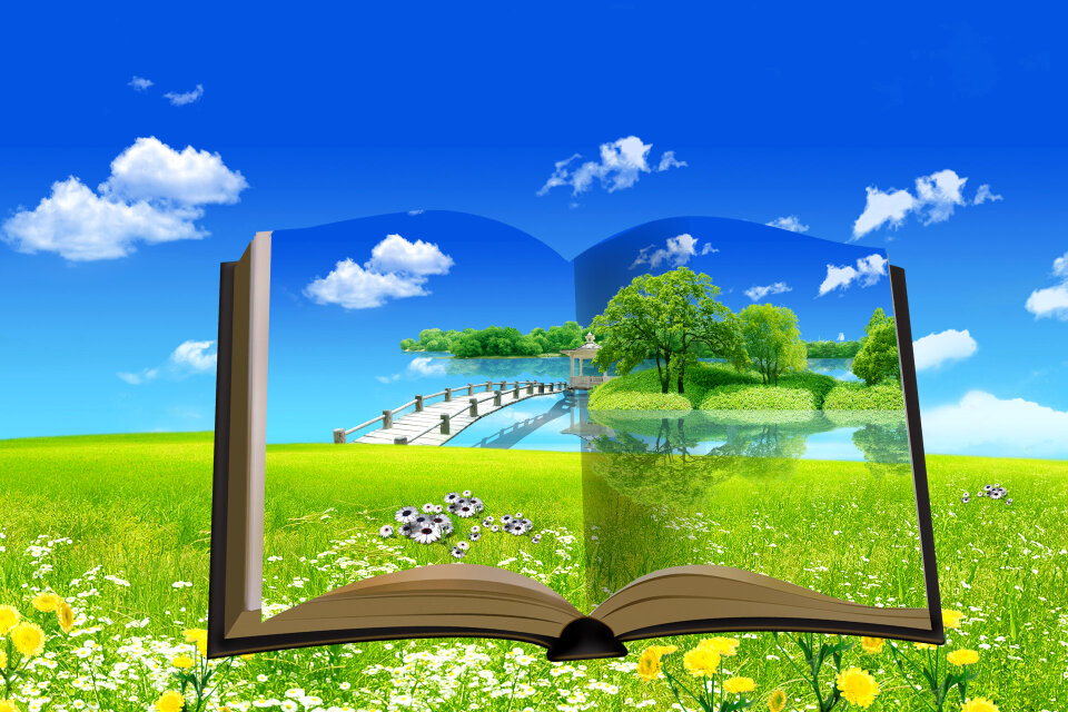 Open book in green grass over blue sky