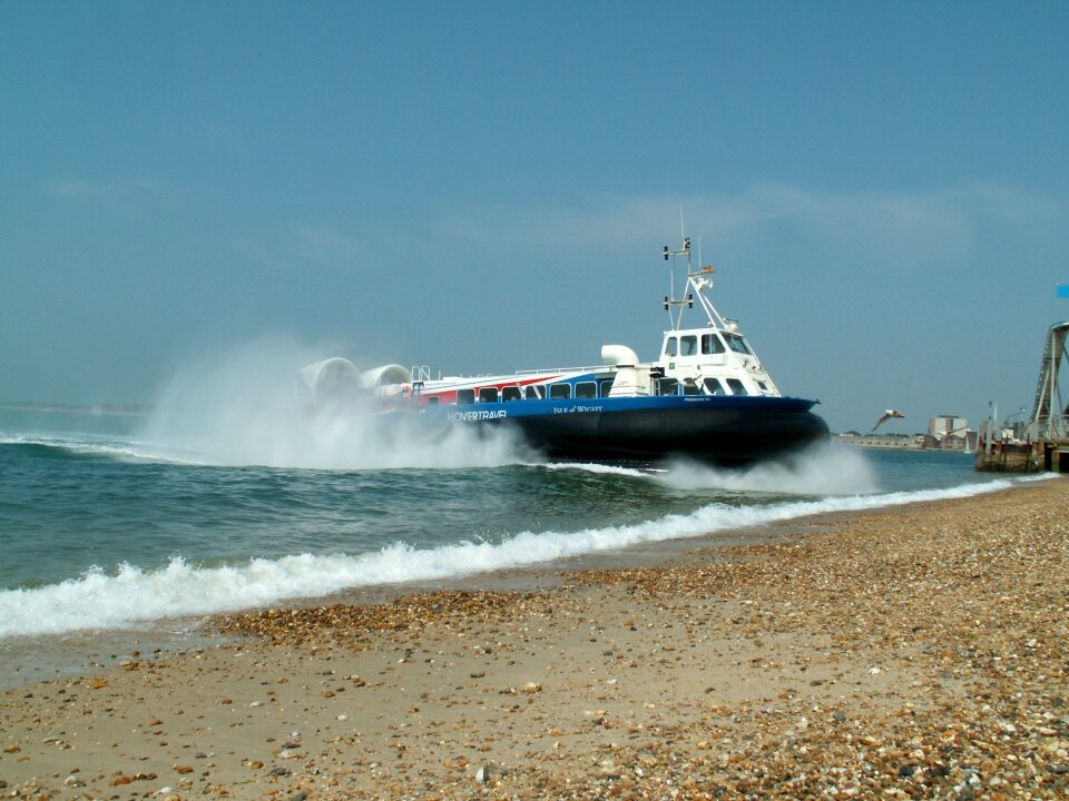 Hovercraft turning for departure on a beach, Southsea, UK