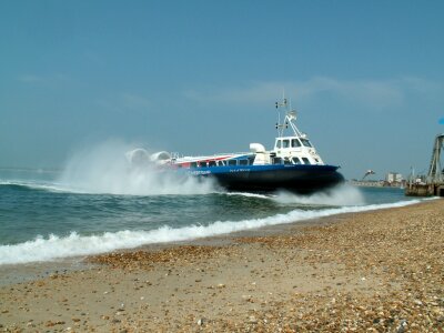 Hovercraft turning for departure on a beach, Southsea, UK