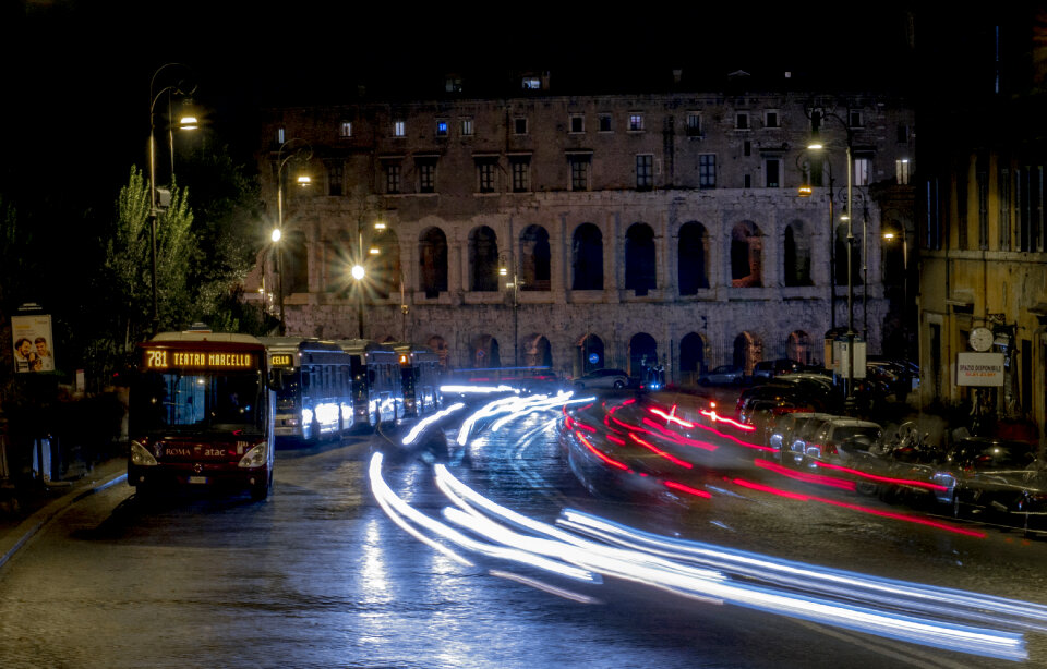 Traffic in city at night photo