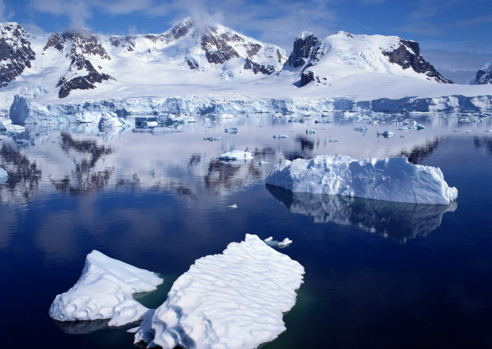 Glacial lake full of floating icebergs
