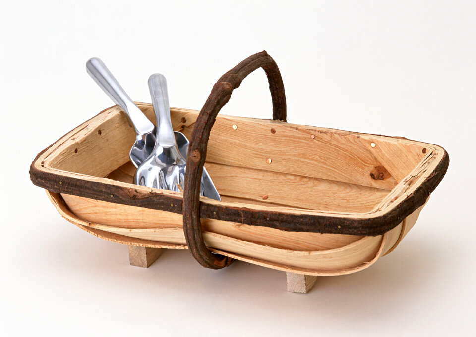 Wooden flowerpots and gardening tools