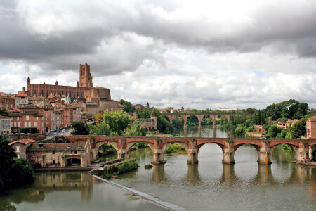 View of the August bridge and Saint Cecile church in Albi, France
