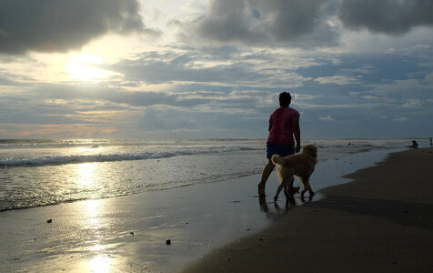 man with dog at sunset