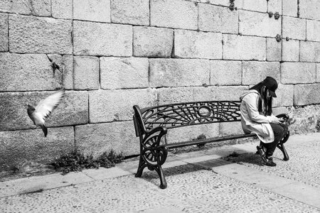 Single woman sitting on park bench photo