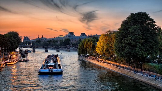 Paris Seine River Boats Sunset Sky Colorful photo