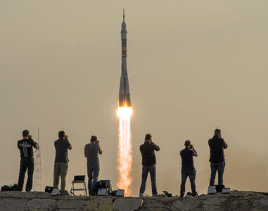 The Soyuz MS-01 spacecraft launches from the Baikonur Cosmodrome
